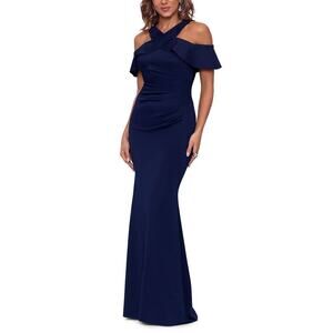 Xscape Pleated Cold Shoulder Halter Formal Gown Dress Medium Navy Size 14 NWT